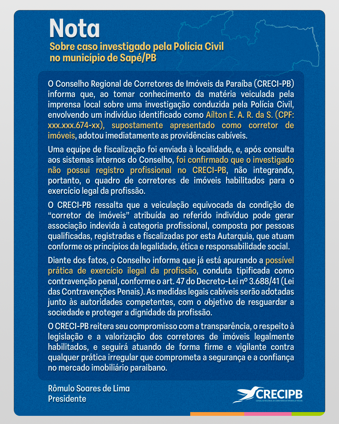 NOTA-DE-esclarecimento CRECI-PB esclarece que investigado em Sapé não é corretor de imóveis
