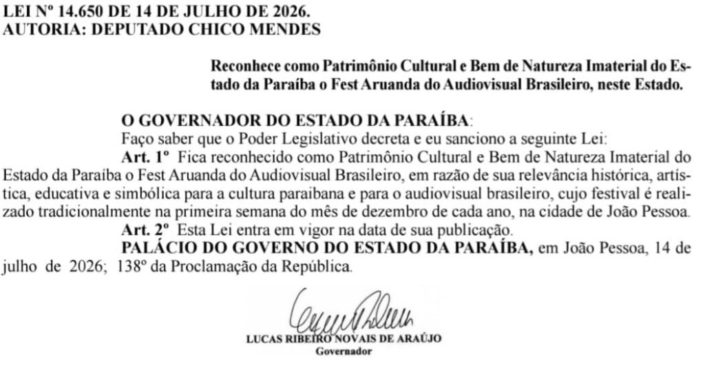 lei-14650-1024x535 Agora é Lei: Fest Aruanda é reconhecido como Patrimônio Cultural Imaterial da Paraíba
